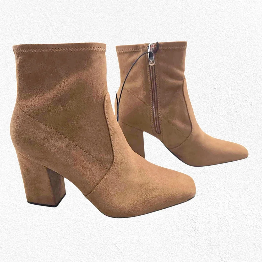 Liz Claiborne Tan Faux Suede Ankle Booties Block Heel 8.5 LC Karder NIB Zip Shoe
